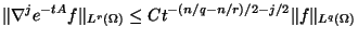 $\displaystyle \Vert\nabla^j e^{-tA}f\Vert_{L^r(\Omega)}\leq Ct^{-(n/q-n/r)/2-j/2}\Vert
f\Vert_{L^q(\Omega)} $